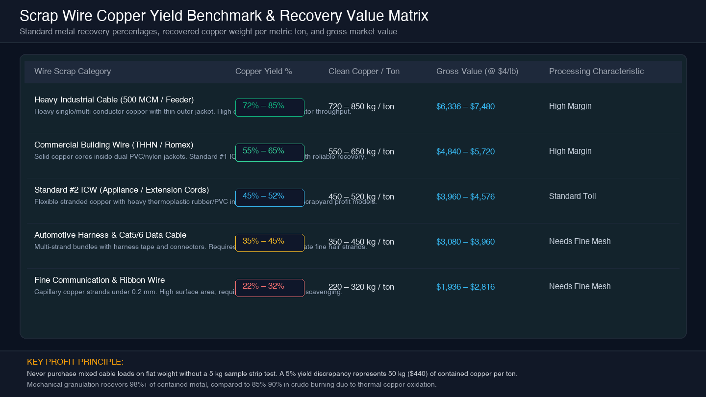 Benchmark matrix comparing scrap wire categories, copper recovery percentages, recoverable weight per ton, and gross market value