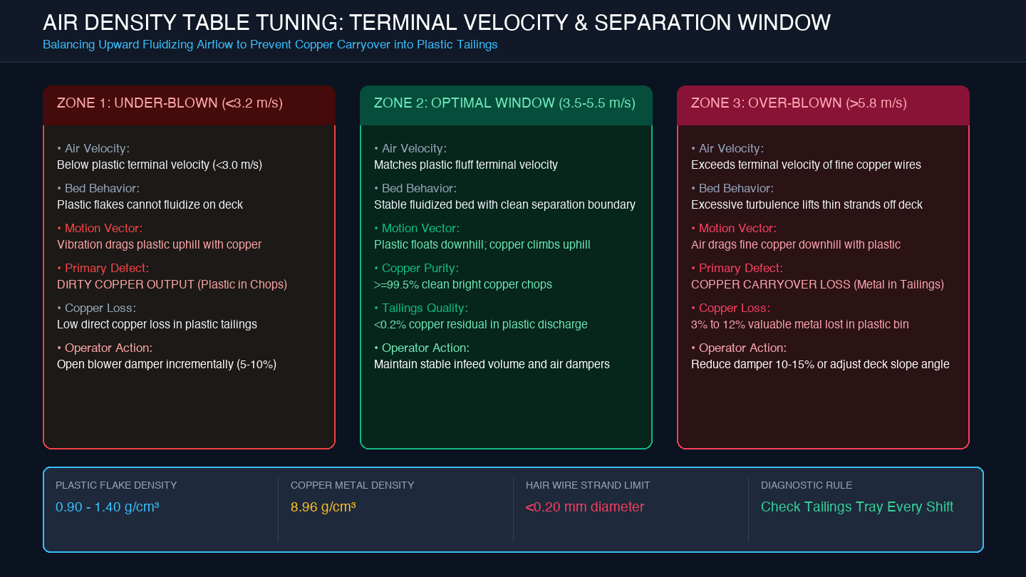 Engineering diagnostic chart mapping fluidizing air velocity zones to separation outcomes and copper loss thresholds