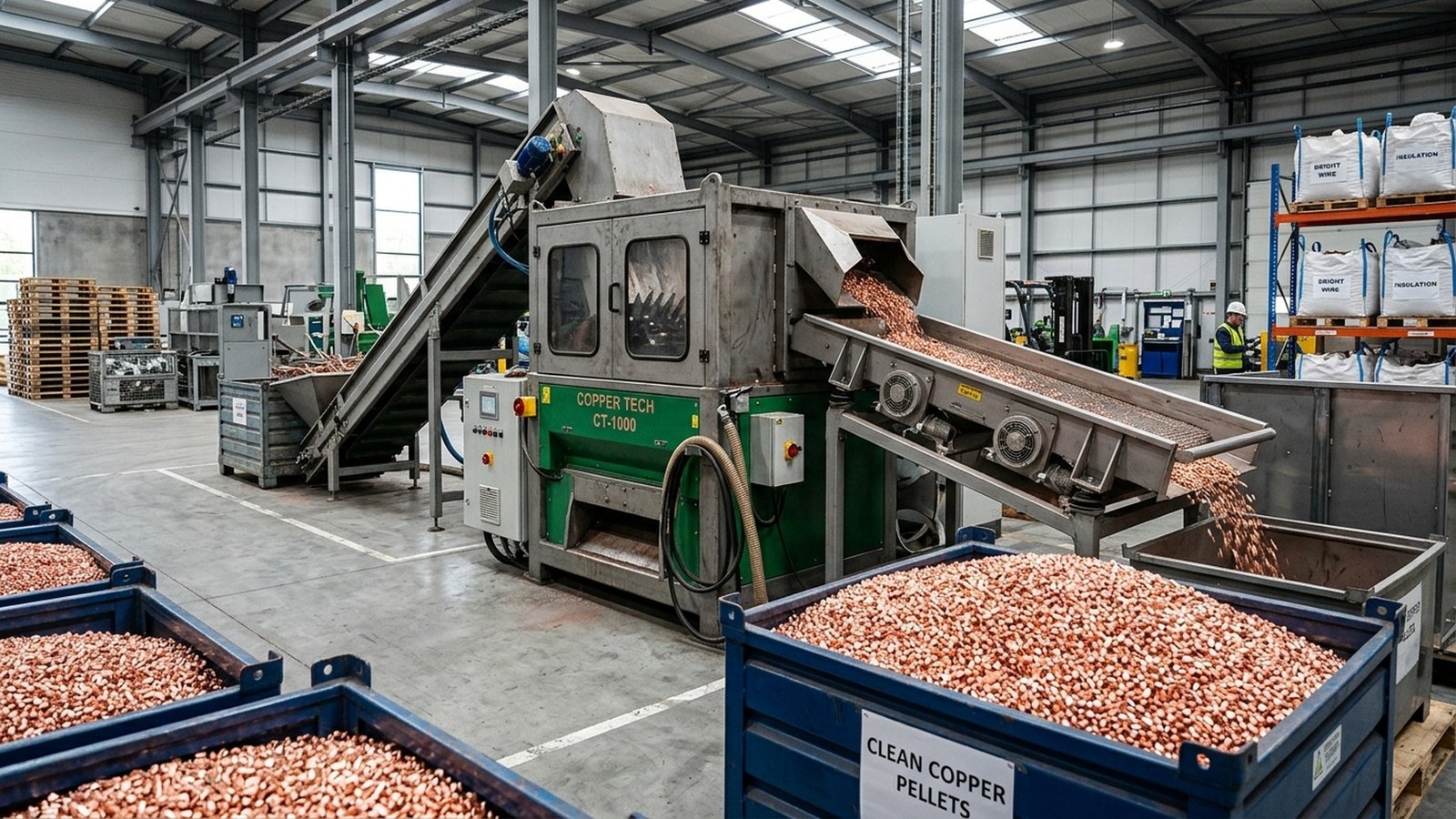 Modern scrap metal recycling facility with a compact dry copper wire granulator line and storage bins filled with copper pellets
