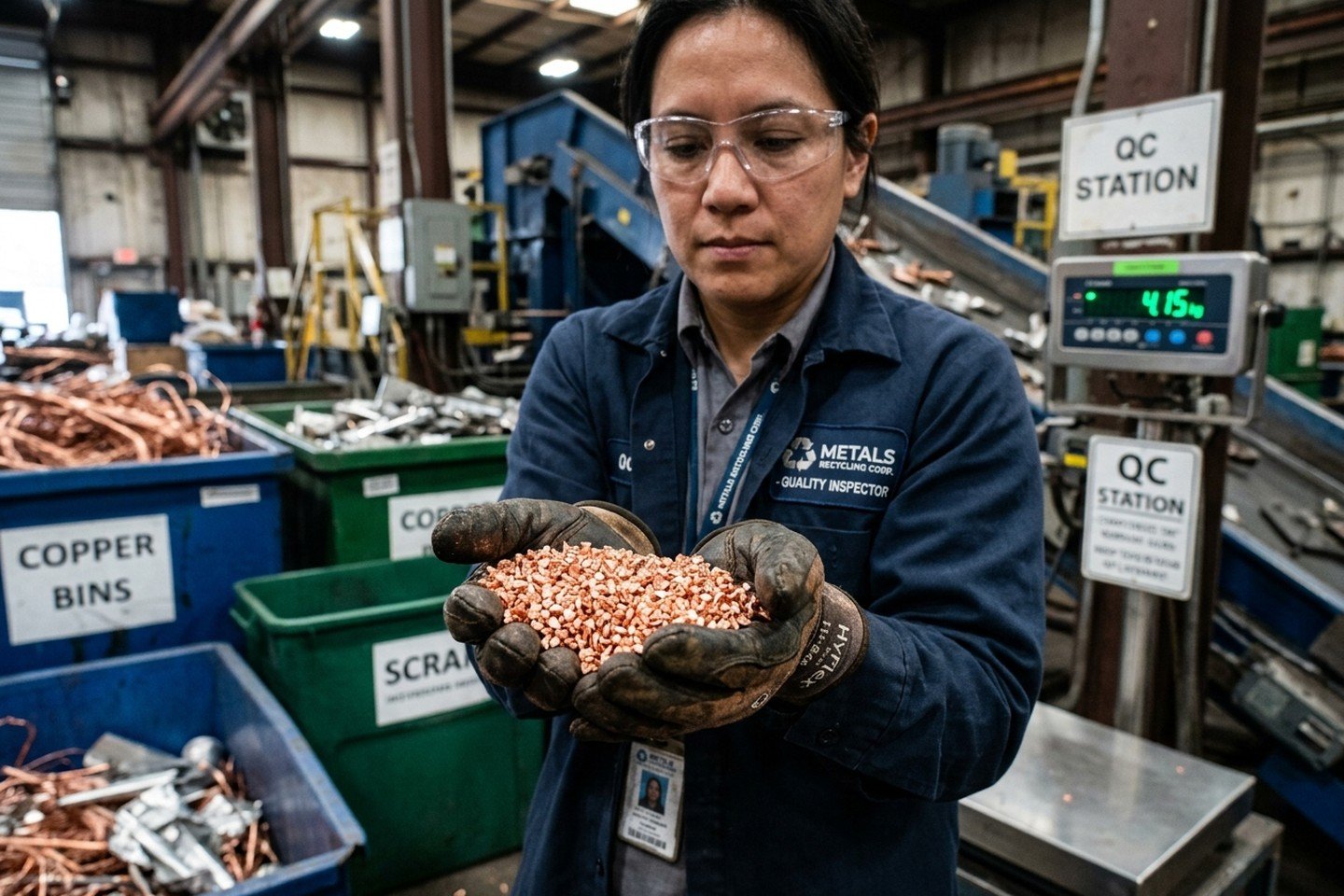 Recycling quality inspector holding a clean sample handful of 99 percent pure copper chops next to digital scales