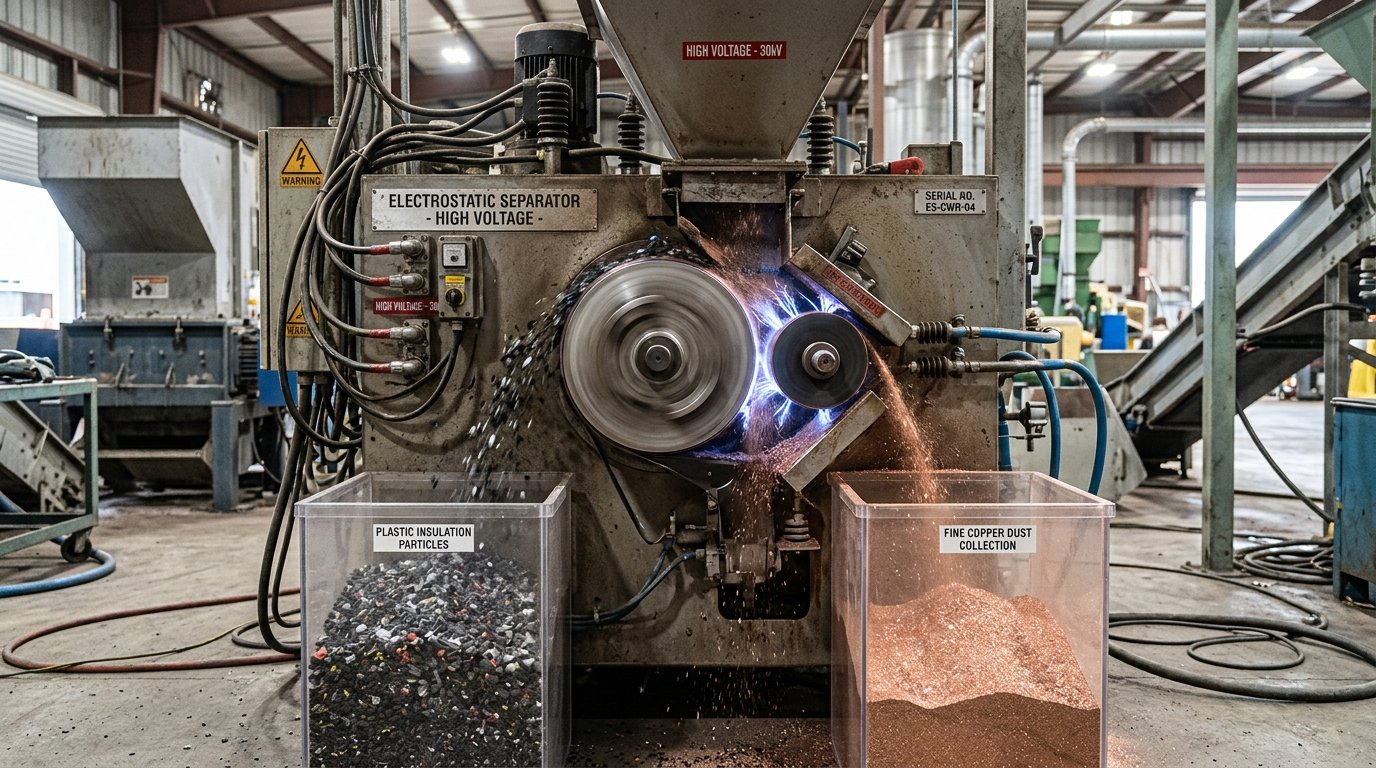 High-voltage electrostatic separator unit capturing fine copper dust and capillary wire particles from plastic flakes
