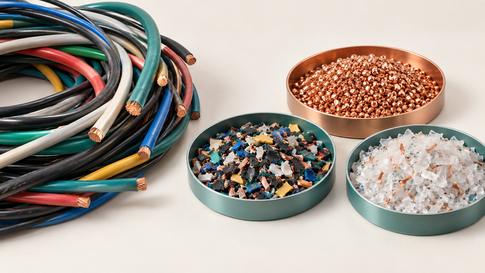 Concept illustration of insulated cable and separate copper, insulation and intermediate sample trays