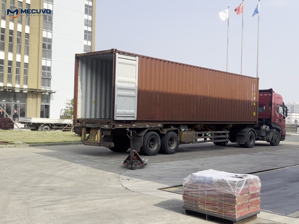 Wrapped machinery loaded into a shipping container