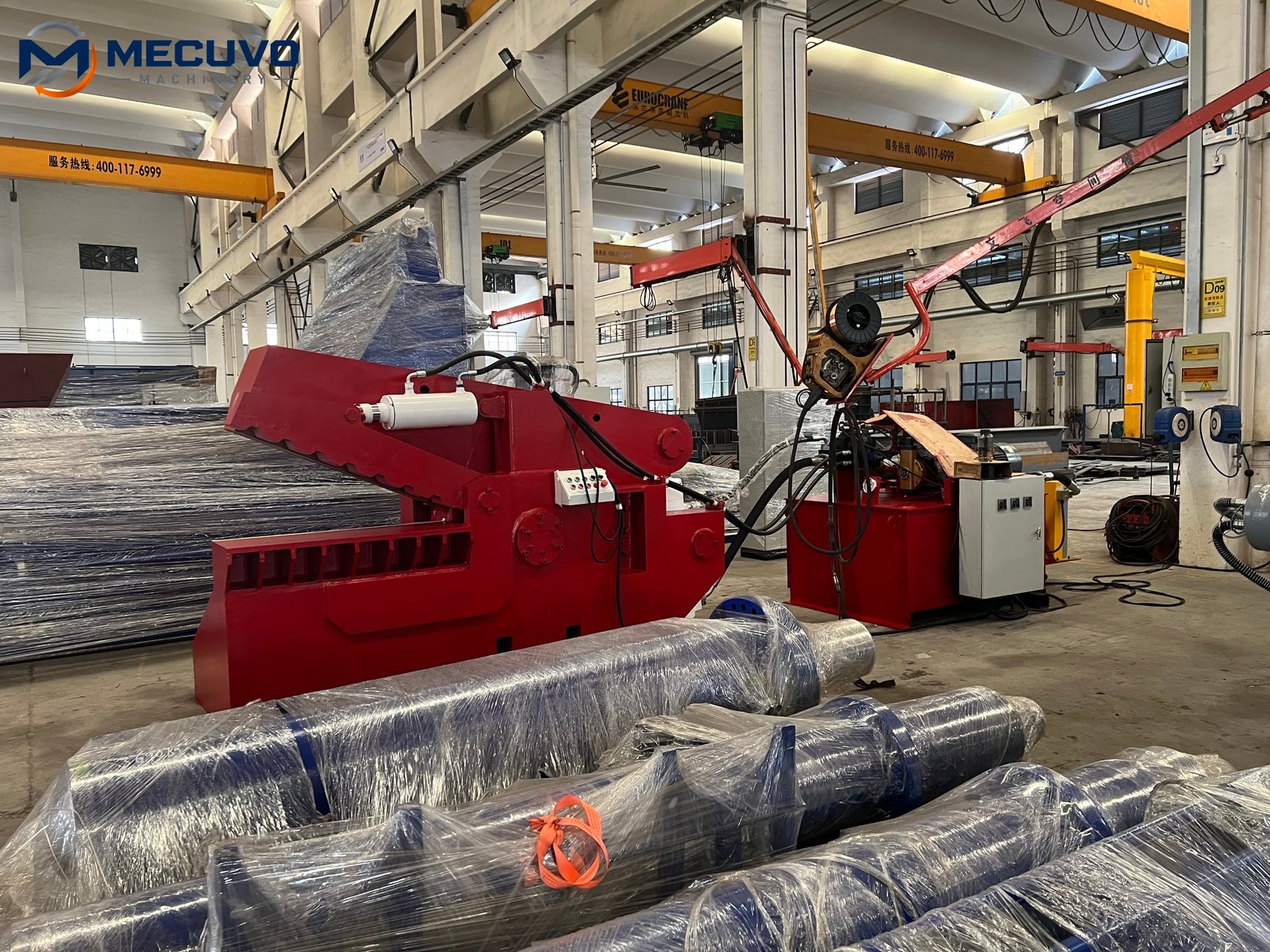 Factory preparation area with an alligator shear and protected equipment
