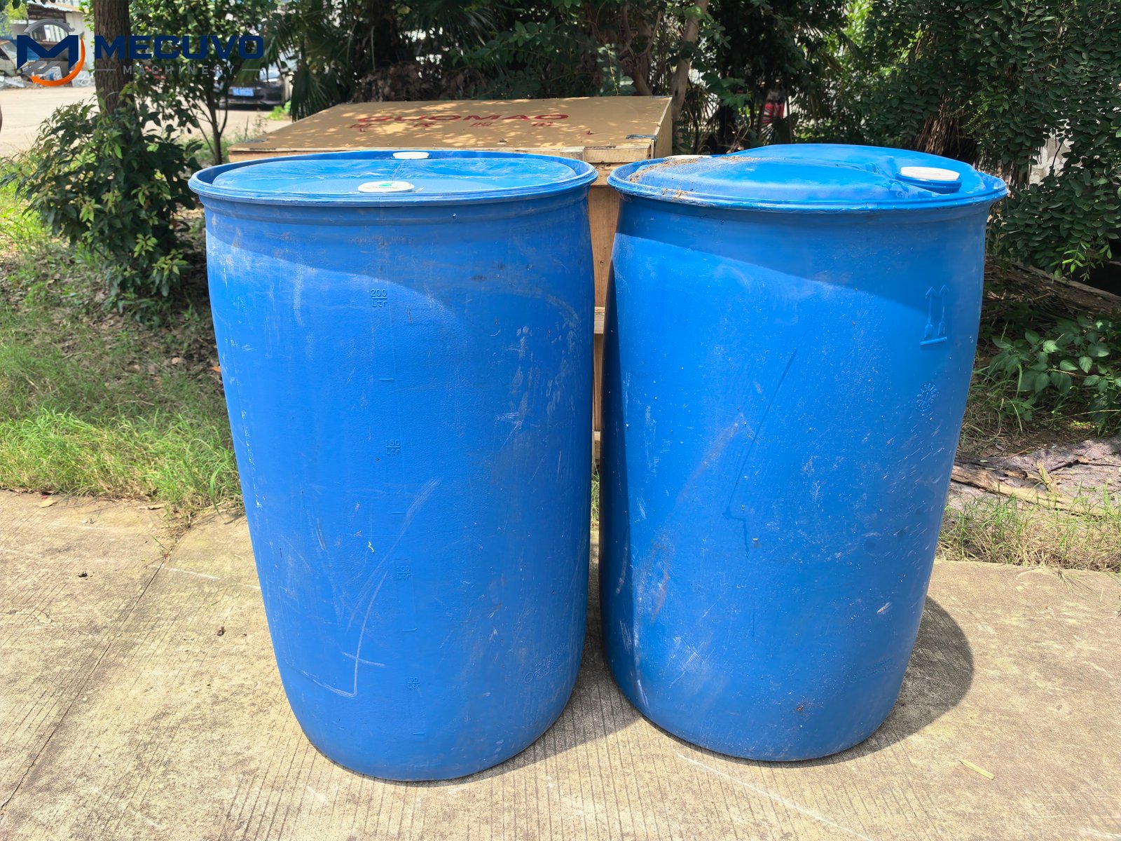 Blue plastic drums shown as a potential shredding feed