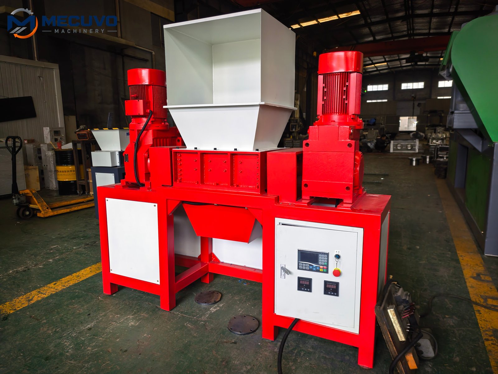 Dual Shaft Shredder with MECUVO Logo Dual shaft shredder with hopper and control cabinet