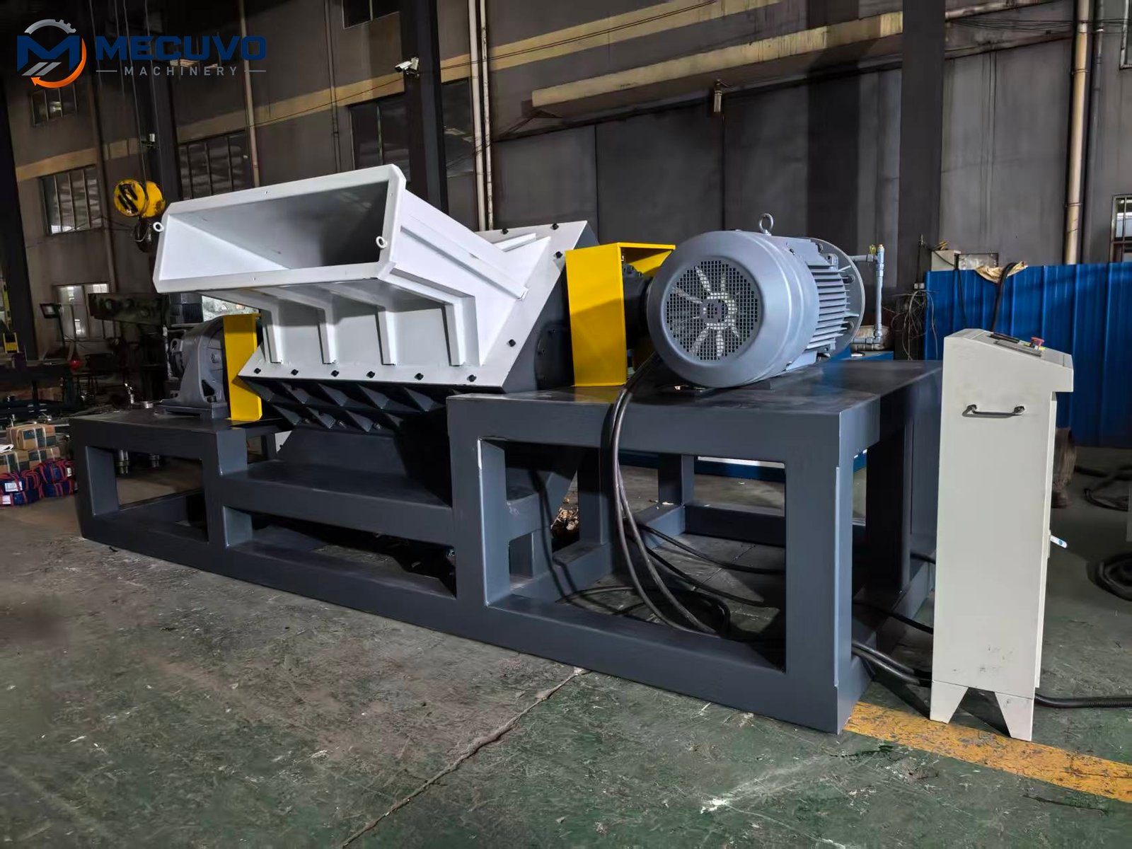 Drive and gearbox assembly beside an installed shredder