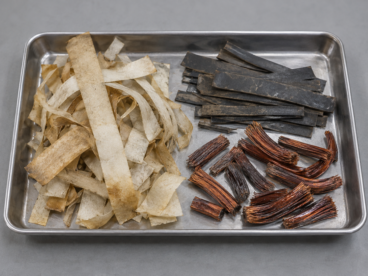 Illustrative example: A small sorted tray containing removed motor insulation paper strips and dark slot liners, alongside several short copper winding offcuts, realistic separated auxiliary material from electric motor stator recycling, no complete motor or machine.