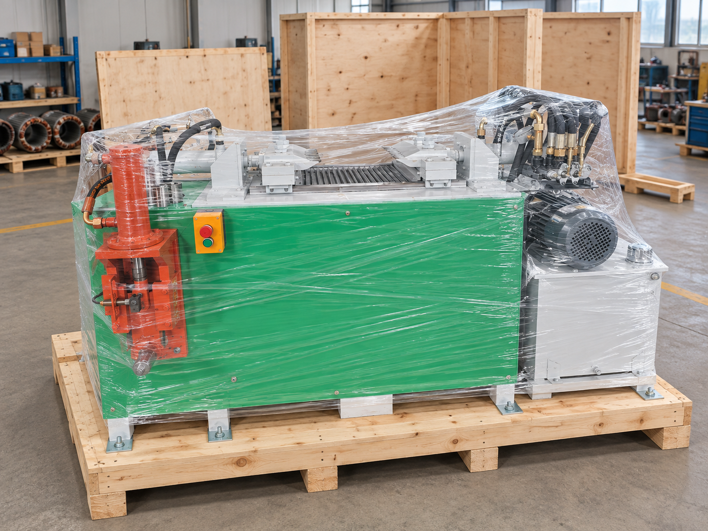 Illustrative packing example: green motor stator recycling workstation wrapped in protective film and secured to a wooden export base