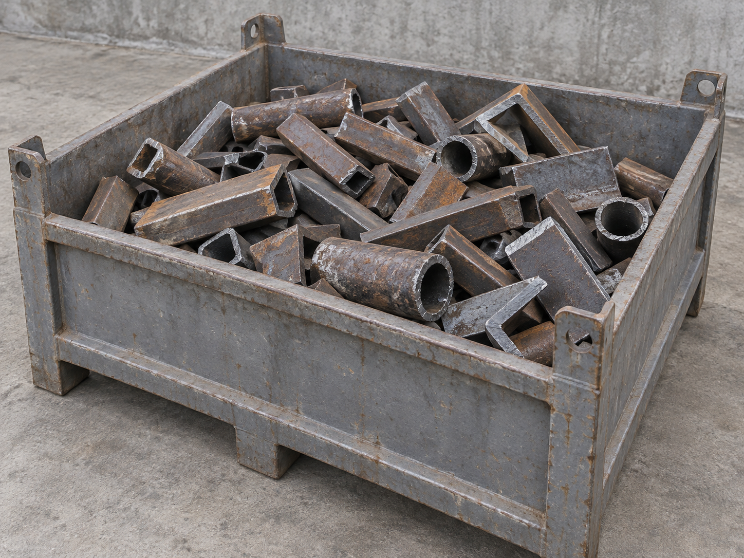 Illustrative example: A shallow sturdy grey open steel collection bin partly filled with short hydraulically sheared steel bars, angle sections and hollow pipe offcuts, irregular cut ends, weathered scrap. No machine, no writing.