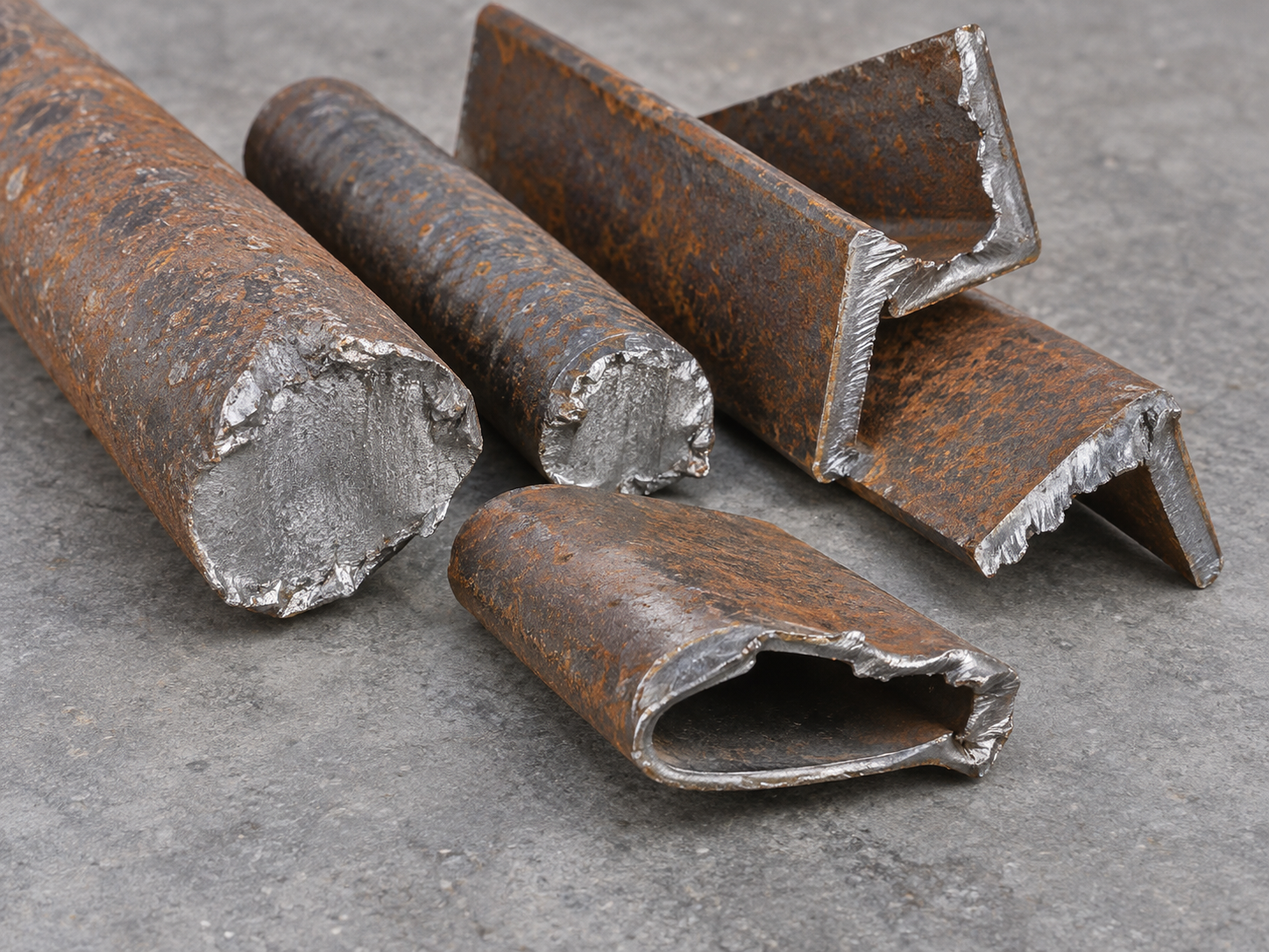 Illustrative example: Macro detail of freshly hydraulically sheared ends of several used solid steel bars, angle sections and a small flattened empty pipe, visibly deformed pinched shear edges with bright grey exposed metal and rusty outer surface. Industrial scrap educational image.