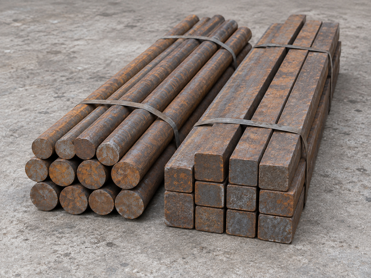 Illustrative example: Several used straight solid round mild-steel bars and rectangular steel bars, 1 metre long with weathered rusty surfaces, bundled neatly on concrete, cross sections visible. Only solid metal bars.