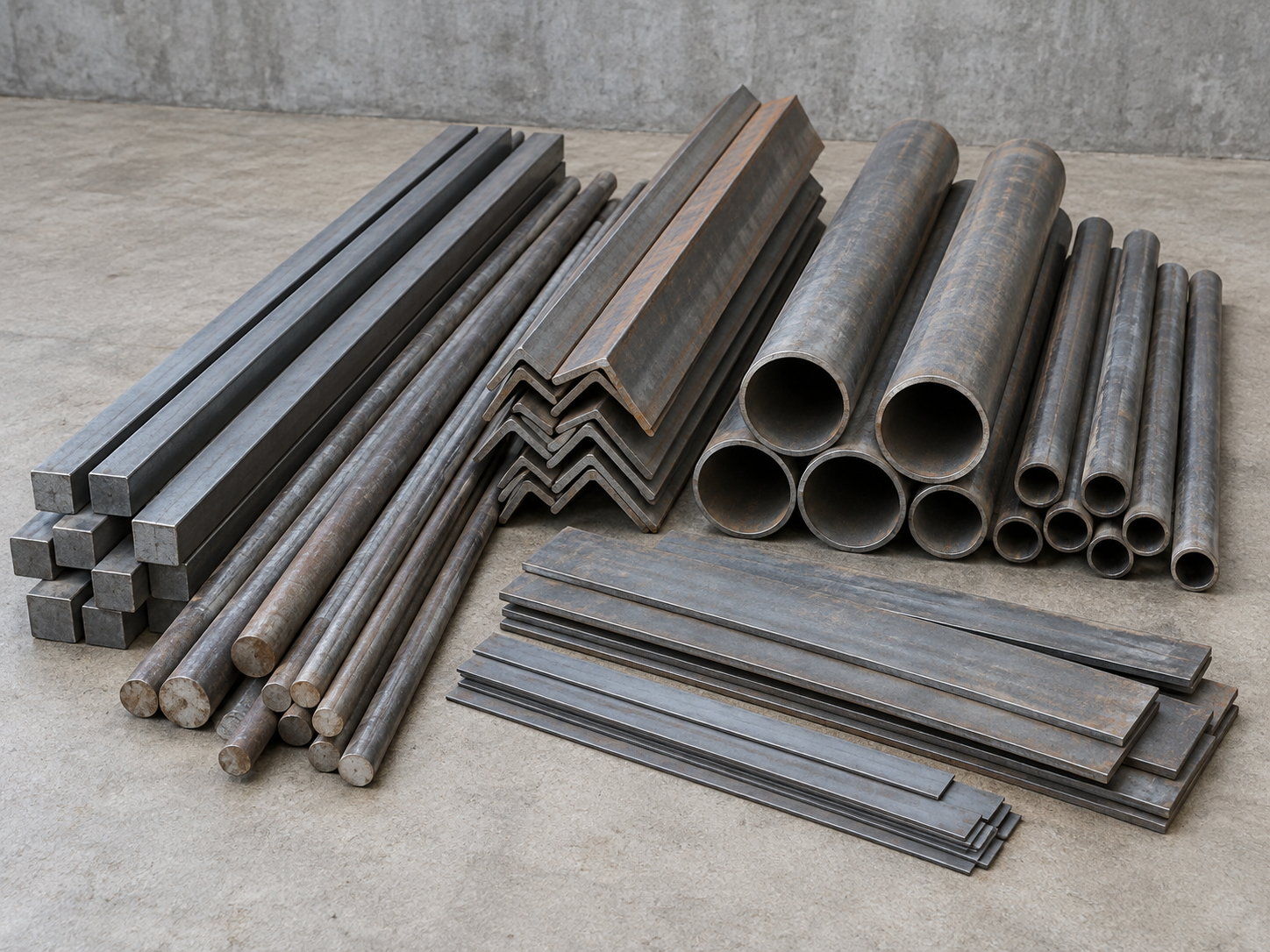 Illustrative example: An organized batch of long scrap steel bars, angle sections, open empty pipes and flat strips of different manageable cross sections and lengths on workshop concrete, fully visible. No gas cylinders, no tanks, no wire.