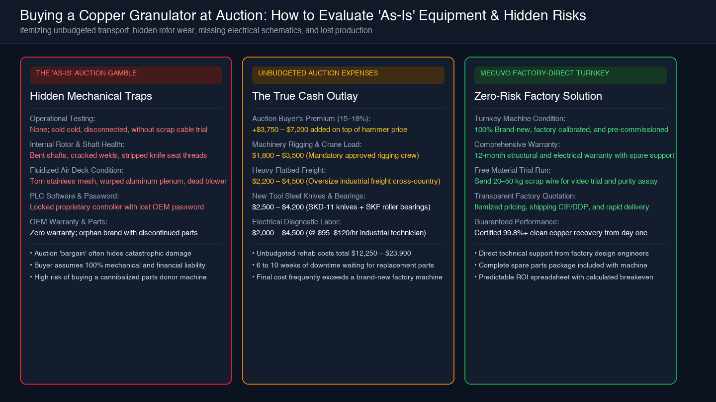 Card diagram showing auction due diligence scorecard across hidden mechanical traps, unbudgeted expenses, and factory direct advantages