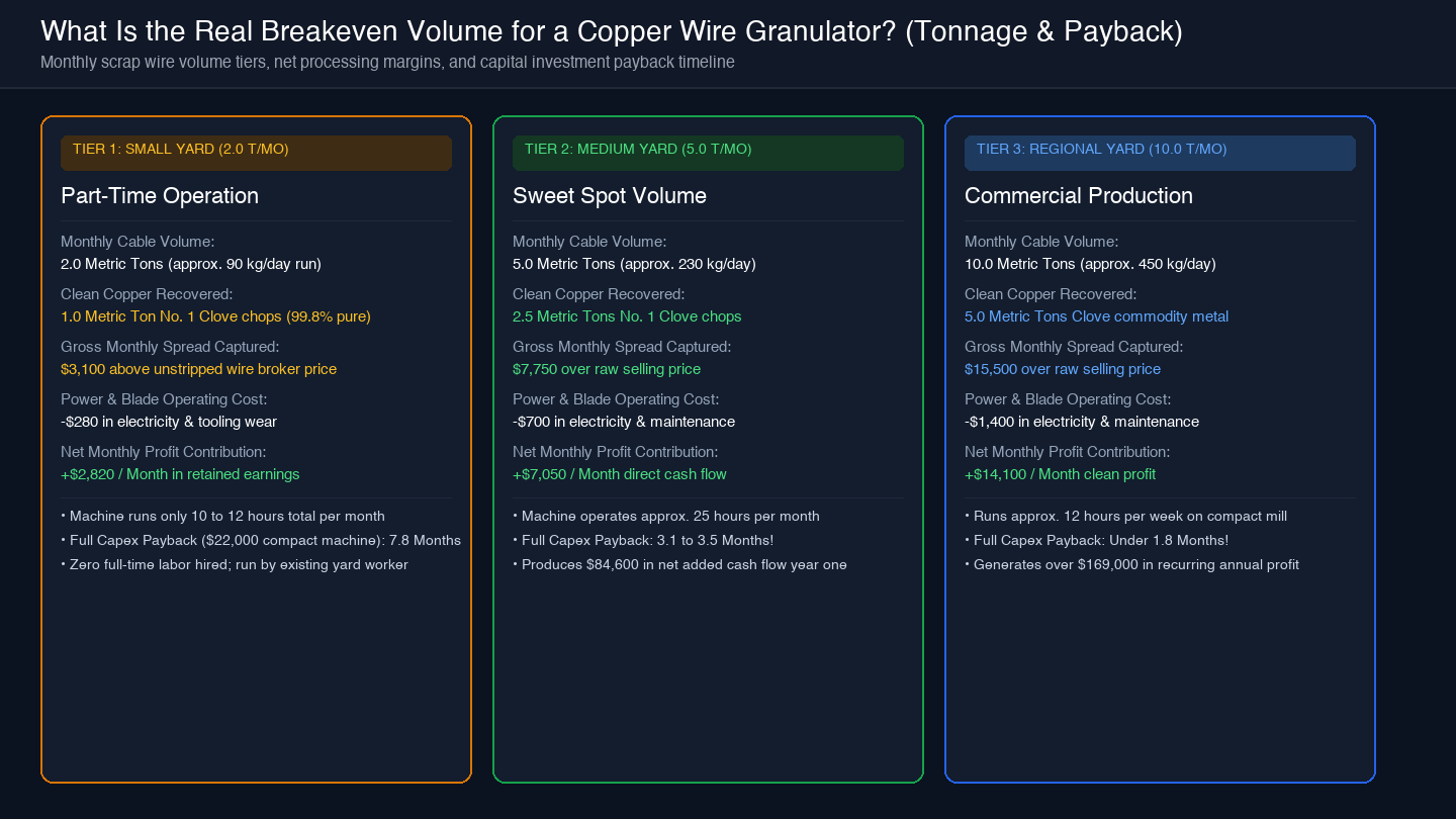 Card diagram comparing monthly tonnage tiers, net processing margin, and payback timeline for copper granulator