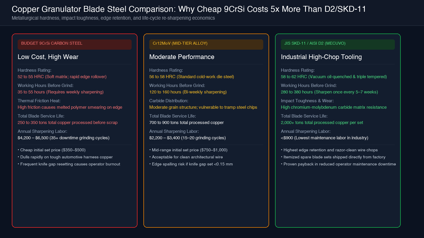 Card diagram comparing 9CrSi, Cr12MoV, and SKD-11 blade steel across hardness, working hours, and annual maintenance cost