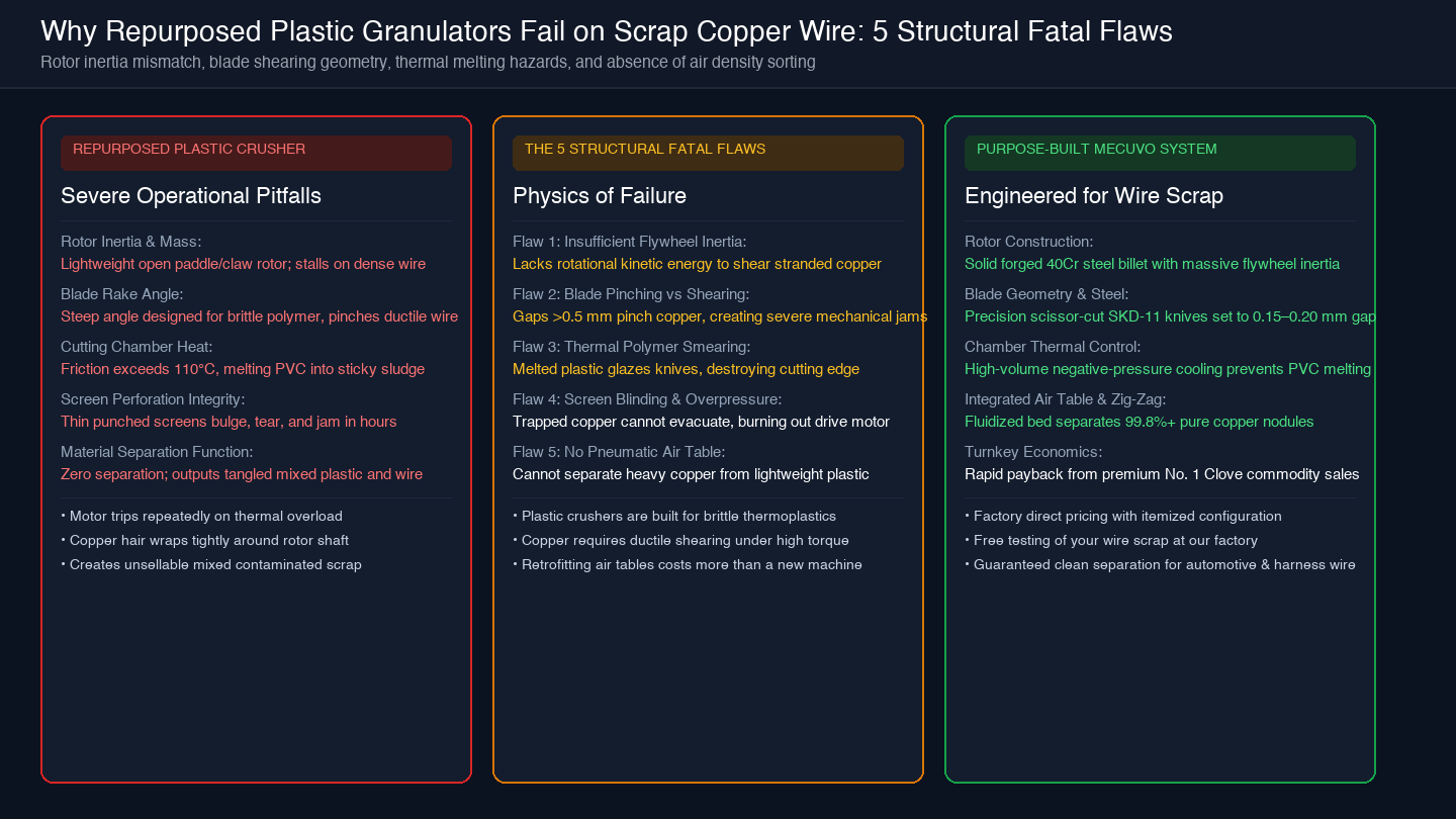 Card diagram illustrating the 5 structural fatal flaws of repurposed plastic granulators when processing scrap copper wire