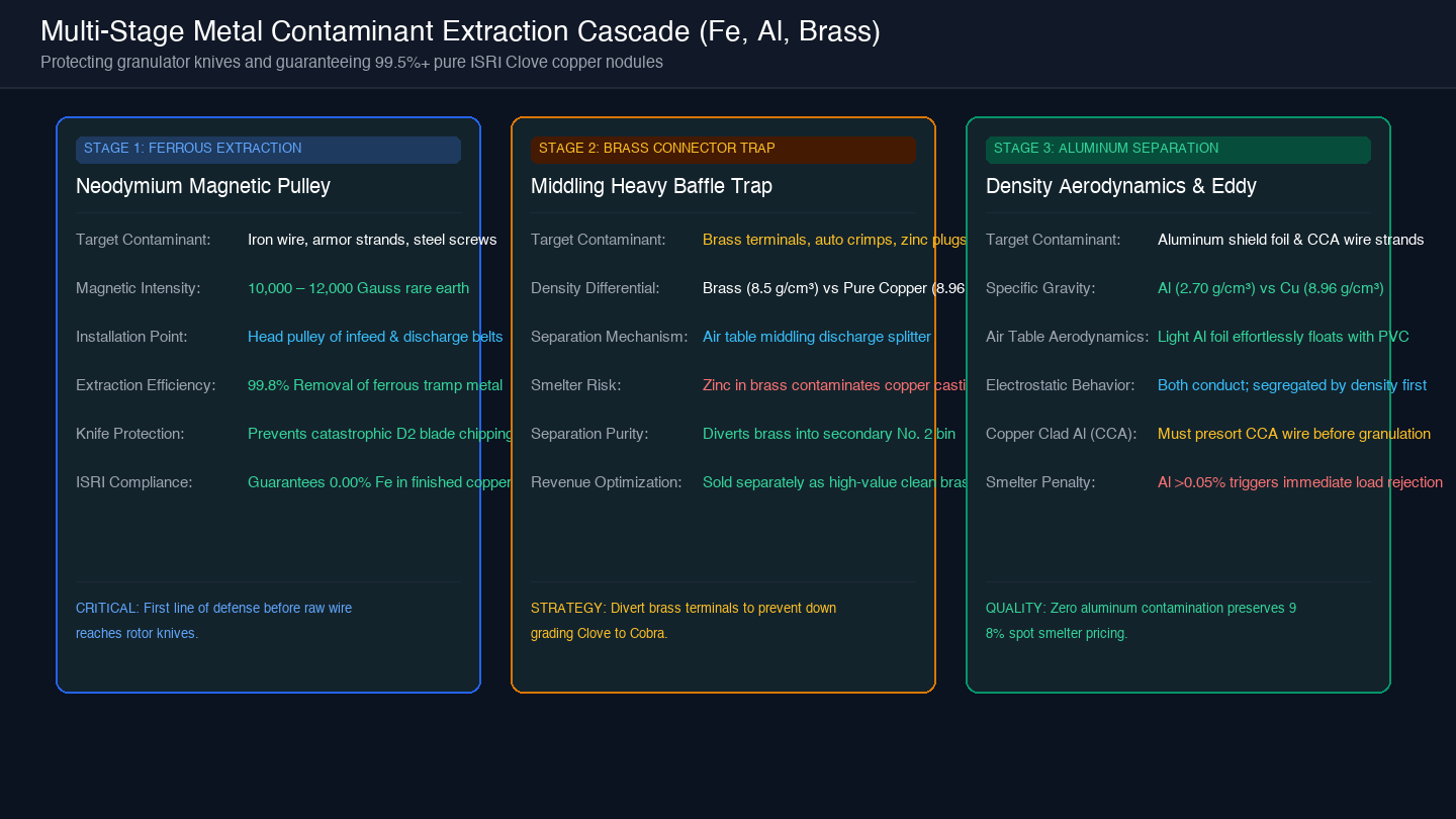 Card diagram showing multi-stage metal contaminant extraction cascade across ferrous magnetic extraction, brass traps, and aluminum separation