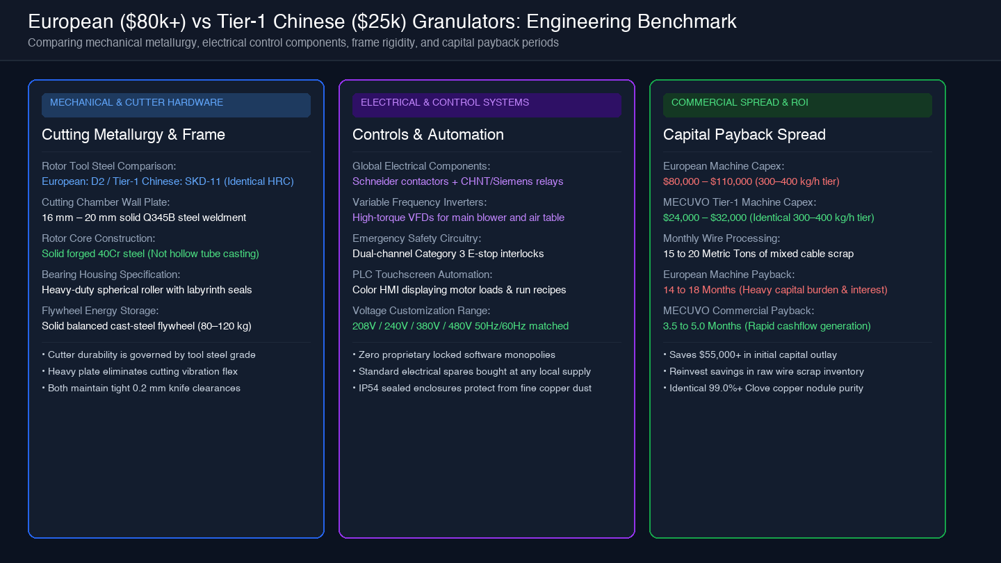 Card diagram comparing European vs Tier-1 Chinese copper granulators across capex, metallurgy, and payback period