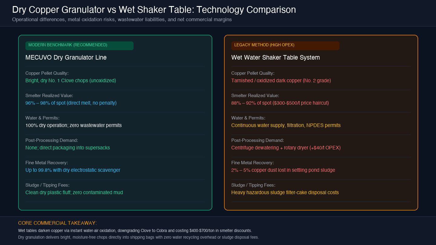 Comparison matrix evaluating dry copper granulator lines against wet shaker tables across metal quality, operating costs, environmental permits, and recovery margins