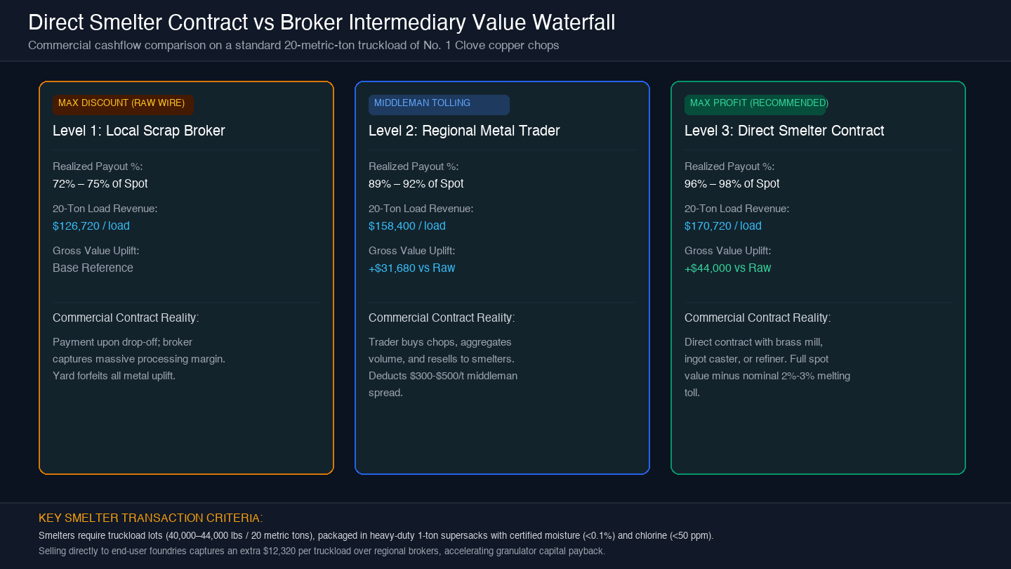 Financial waterfall diagram comparing gross payout across local brokers, regional traders, and direct smelter contracts on a 20-ton truckload
