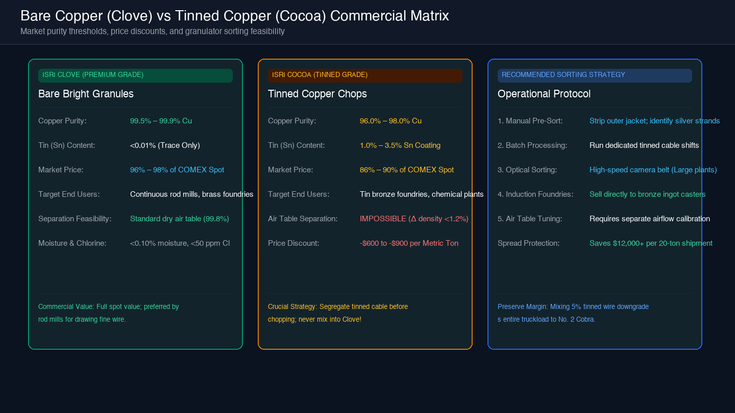 Card-based commercial scorecard comparing ISRI Clove vs ISRI Cocoa specifications, price discounts, and operational sorting feasibility