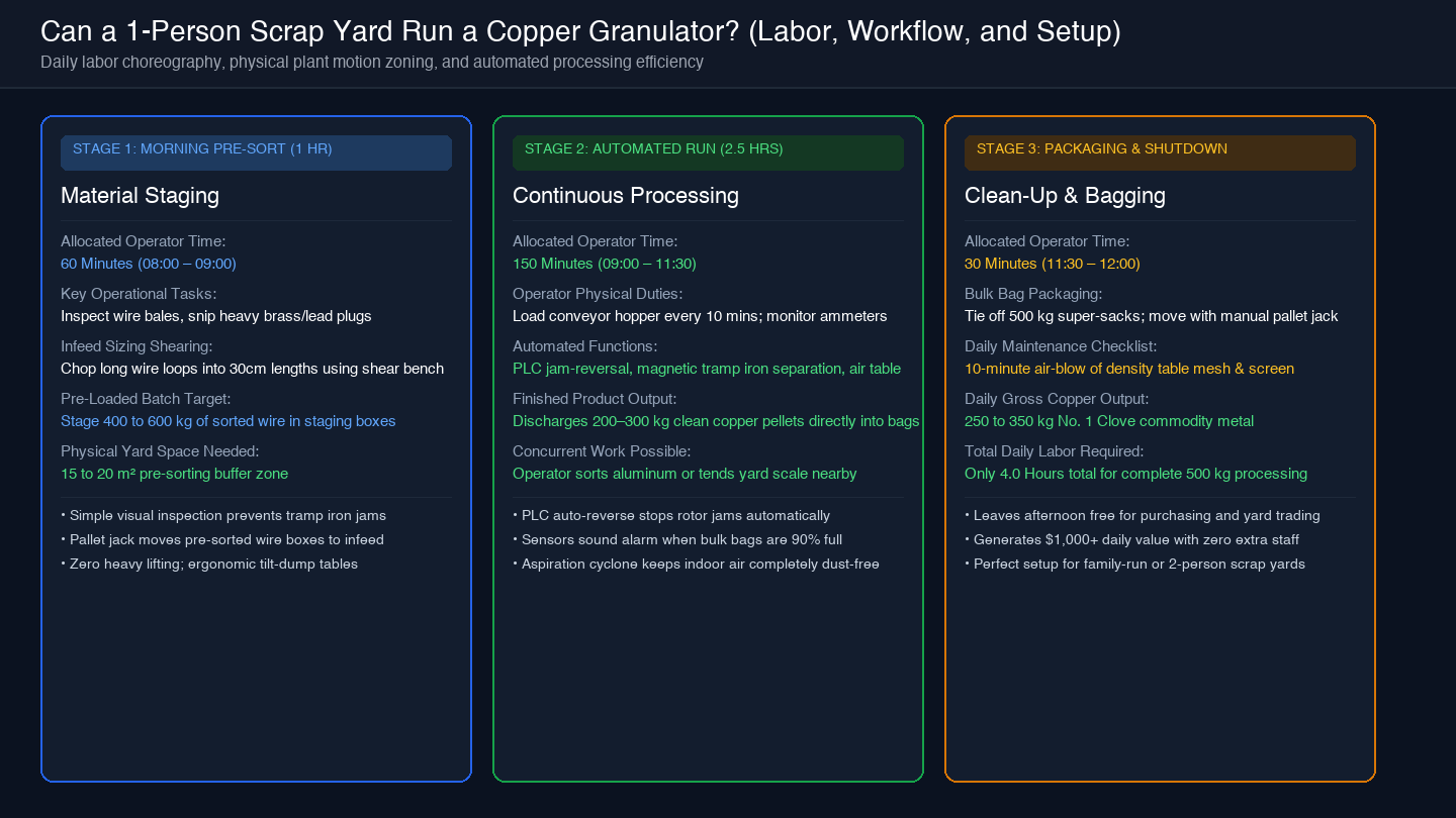 Card diagram illustrating the 3-stage daily workflow and labor schedule for a single-person scrap yard granulator operation