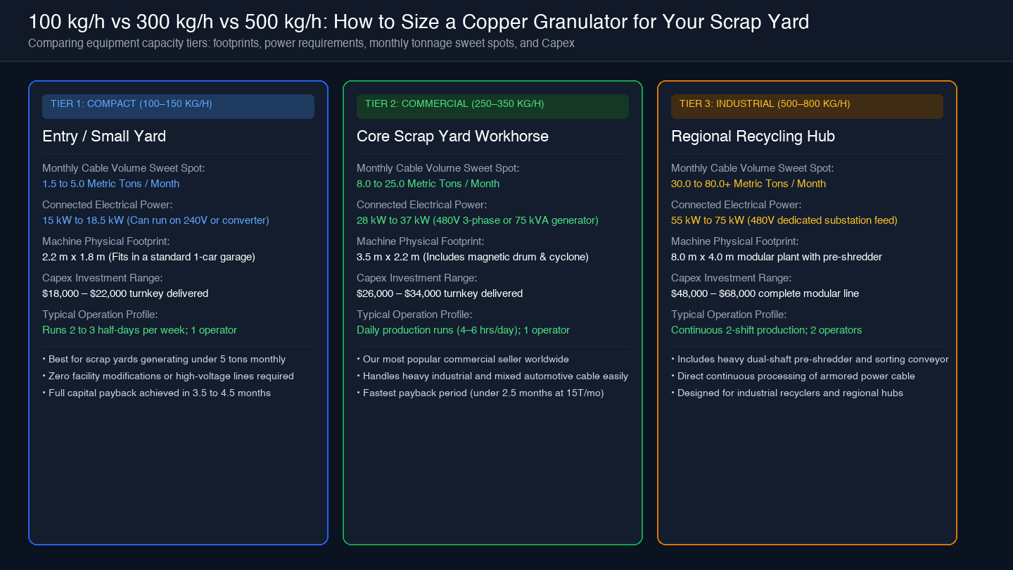 Card diagram comparing 100 kg/h, 300 kg/h, and 500 kg/h granulator capacity tiers across footprint, power, and tonnage