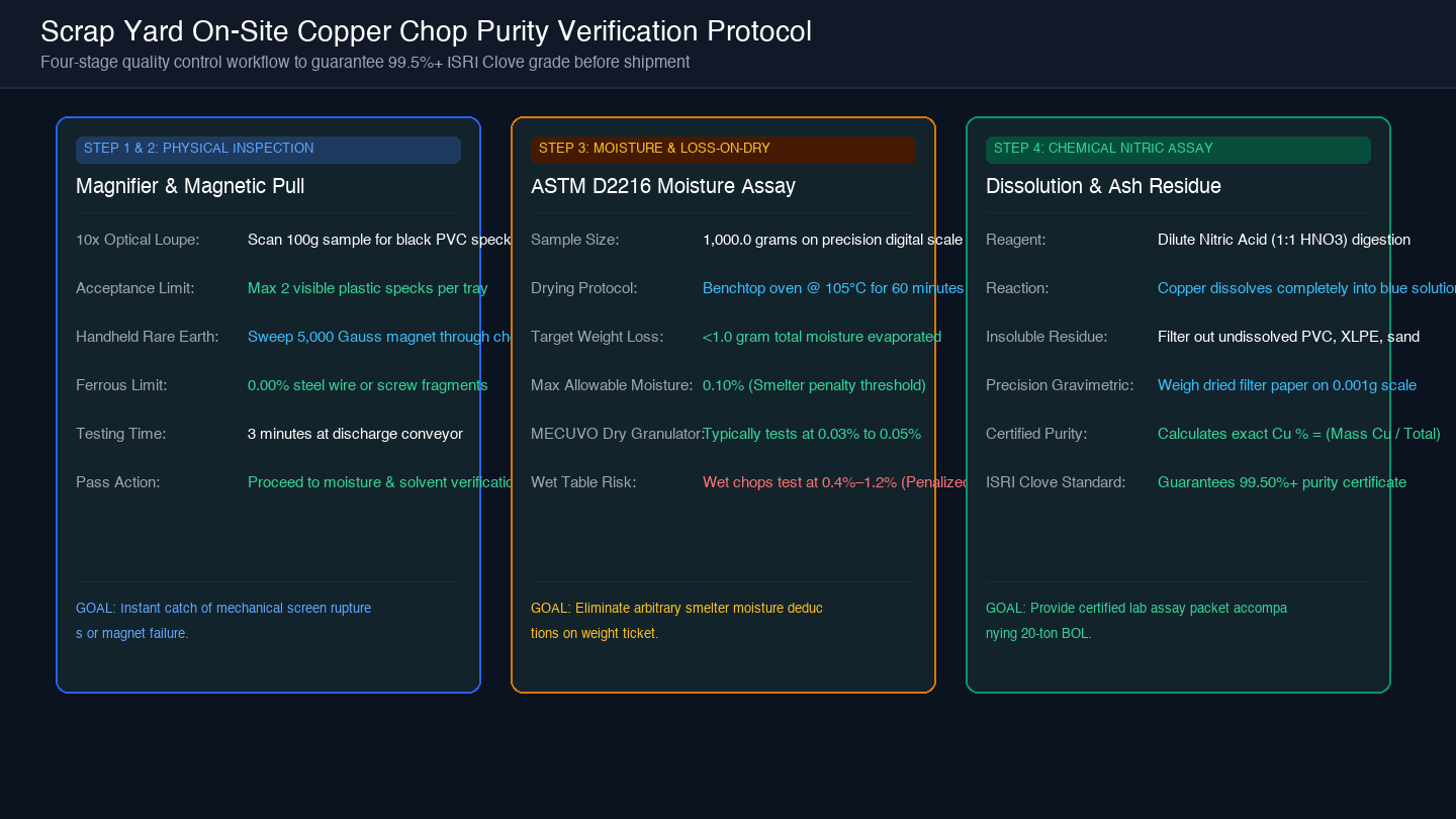 Card diagram showing 4-stage on-site copper chop testing workflow with inspection criteria and acceptance standards