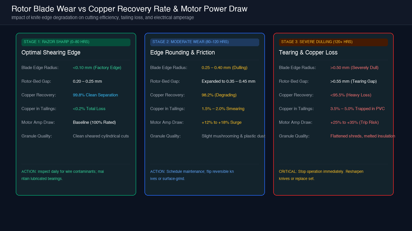 Card-based diagram displaying blade wear progression across razor sharp, moderate wear, and severe dulling stages with operational statistics