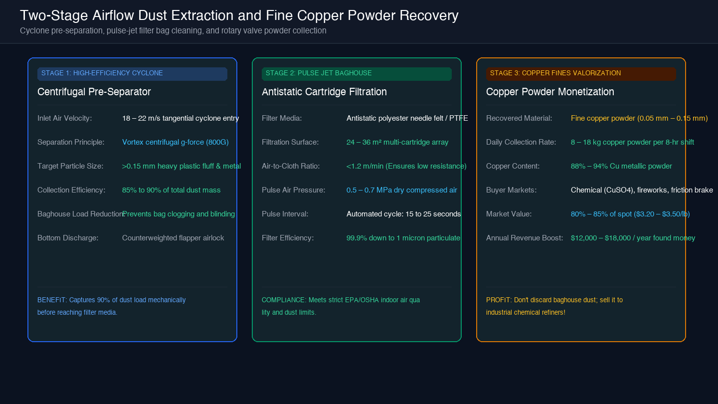 Card diagram showing 2-stage dust extraction cascade including cyclone pre-separation, pulse-jet cleaning, and copper fines valorization