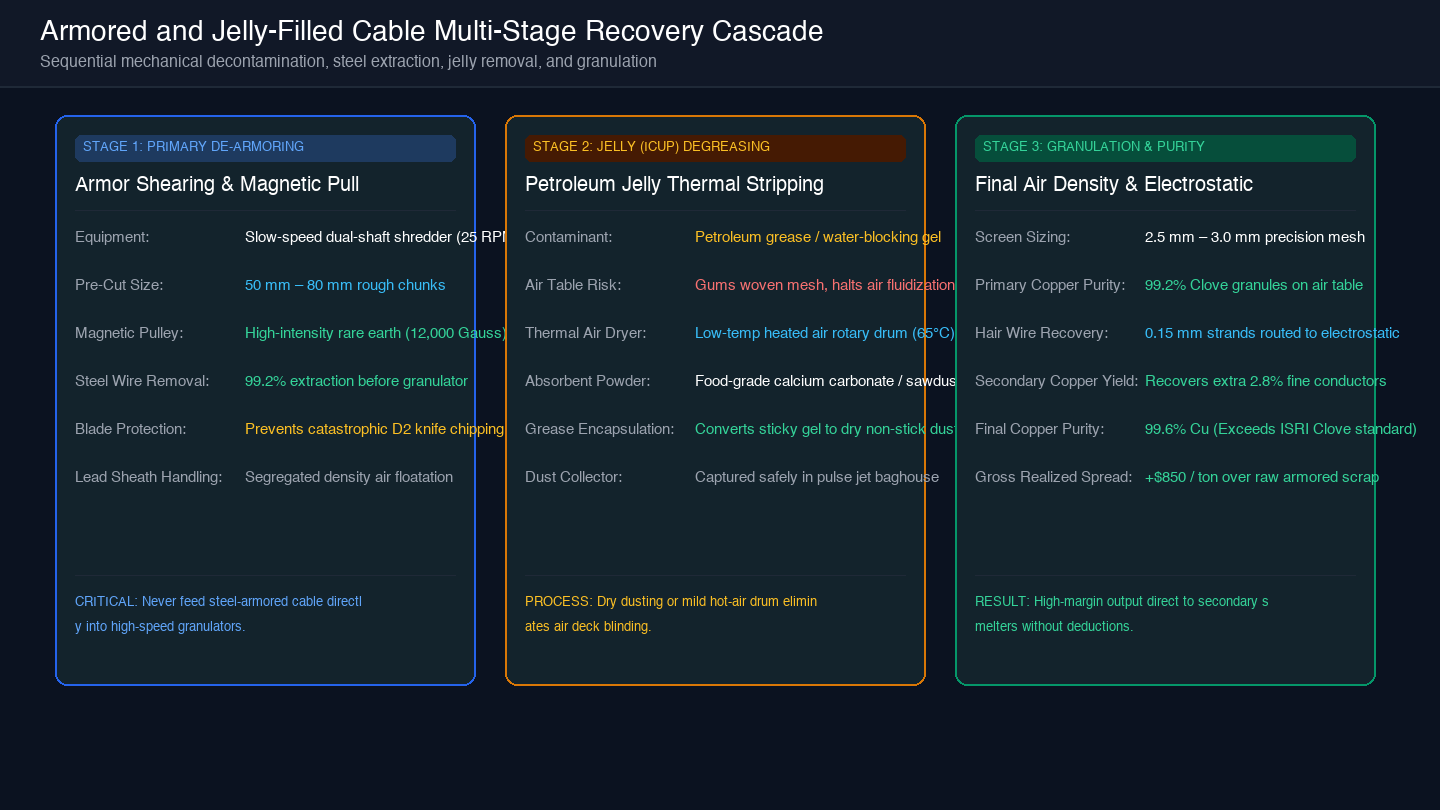 Card diagram showing sequential recovery cascade across de-armoring, jelly degreasing, and final dry granulation