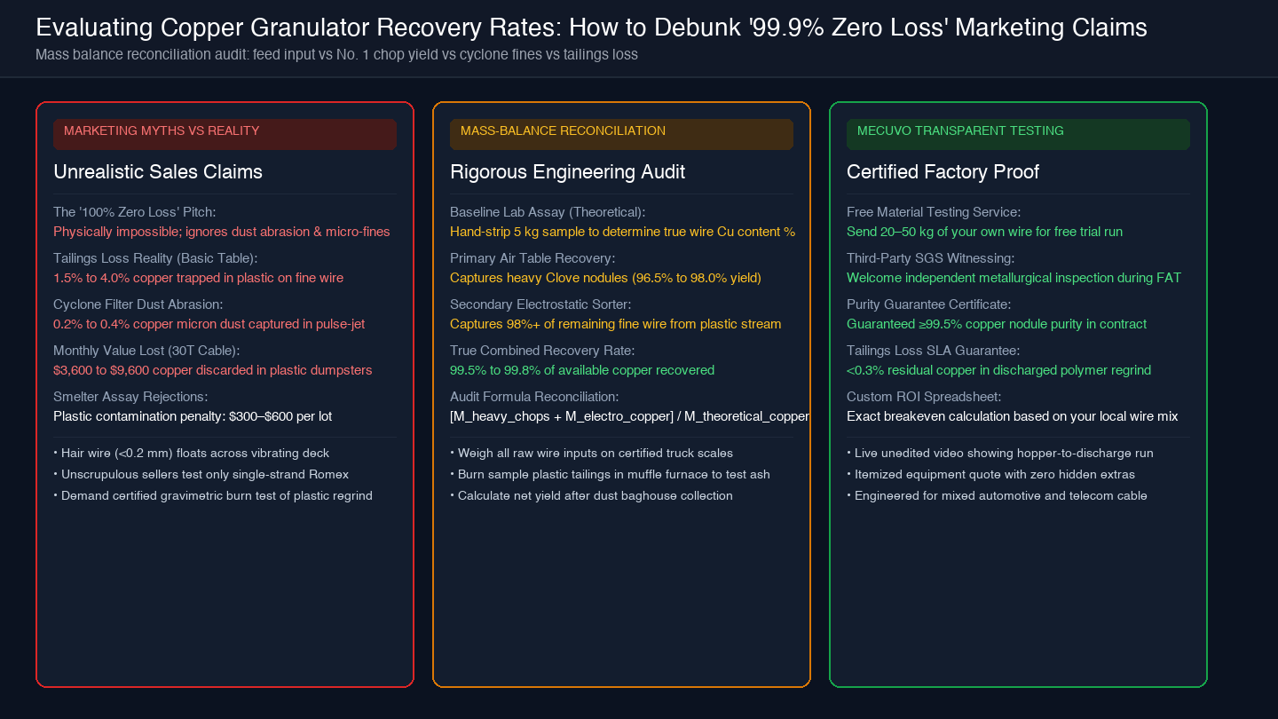Card diagram showing mass-balance reconciliation audit steps and debunking zero loss myths