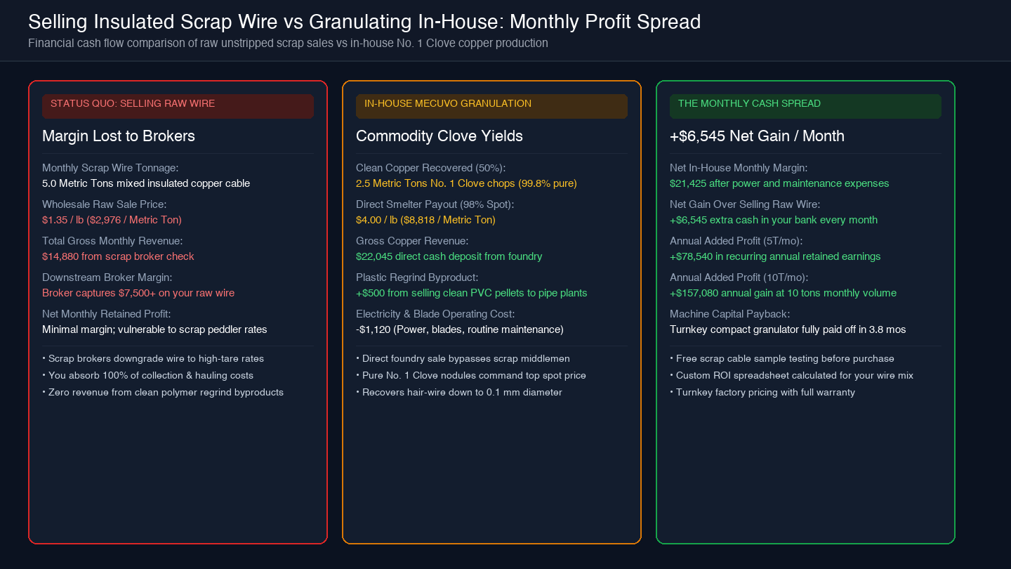 Card diagram comparing monthly profit of selling raw scrap wire versus in-house granulation across volume tiers