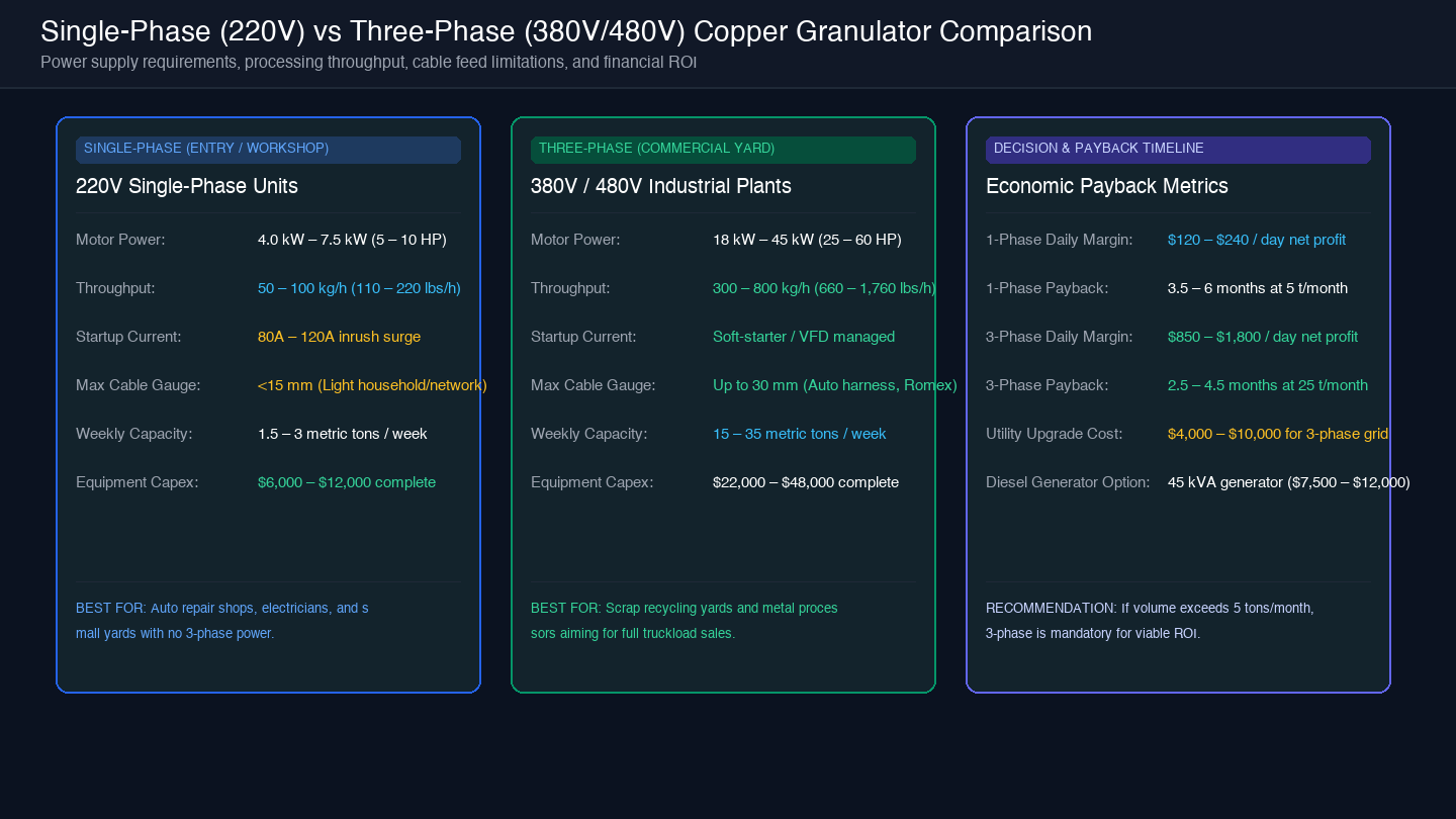 Card-based engineering comparison scorecard between 220V Single-Phase and 380V/480V Three-Phase copper granulators