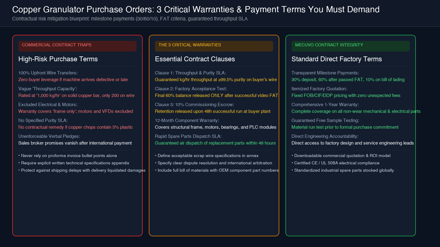 Card diagram outlining the 3 critical warranties and milestone payment structure for granulator purchase orders