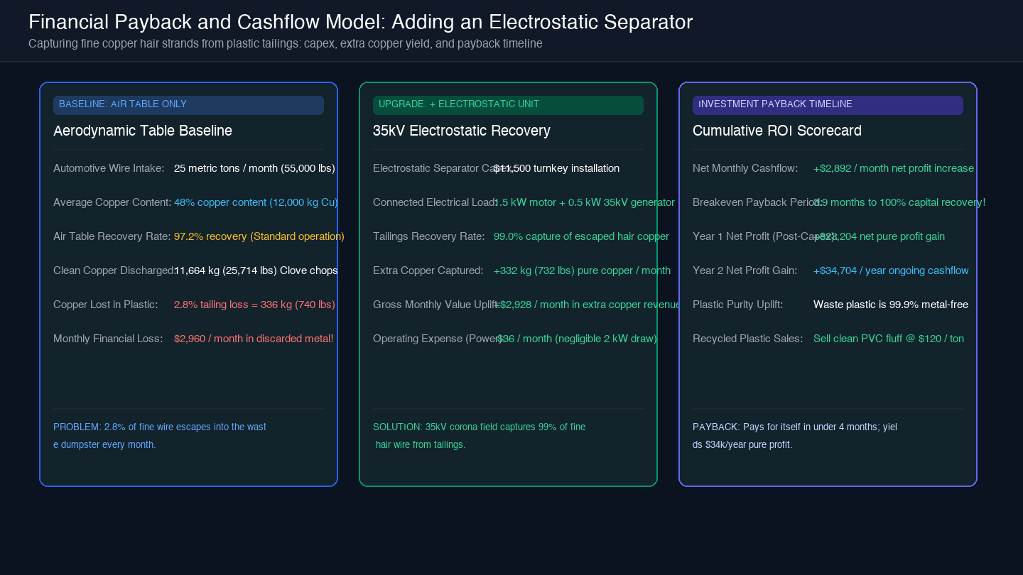 Card diagram modeling financial cashflow, payback timeline, and cumulative profit when adding an electrostatic separator