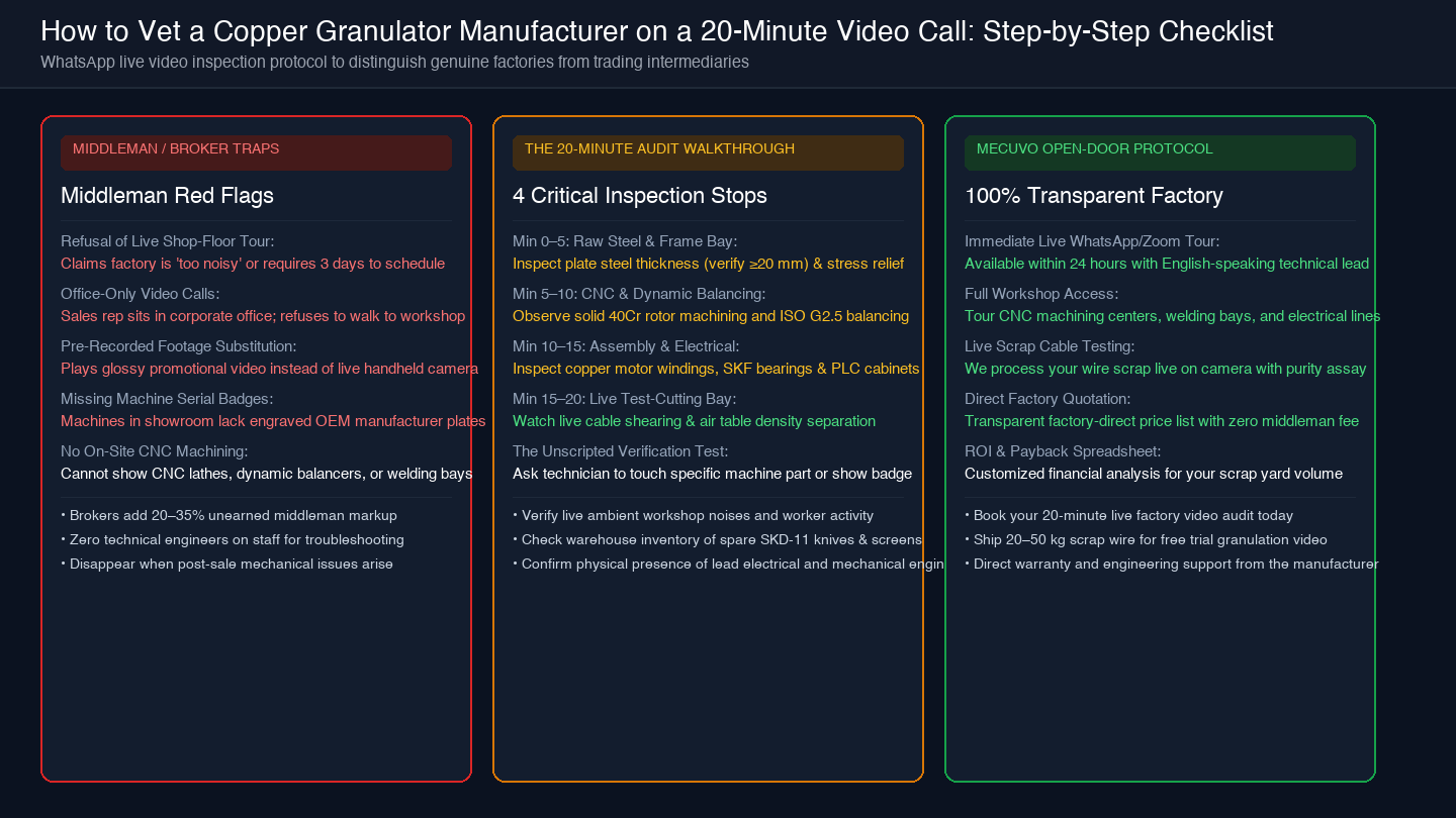 Card diagram showing the 20-minute video call audit walkthrough across 4 critical inspection stops