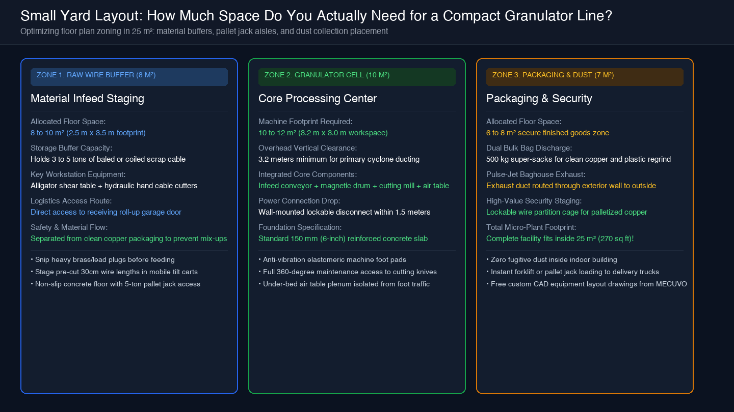 Card diagram showing 3-zone compact scrap yard floor plan blueprint across raw staging, granulator cell, and packaging in 25 m²