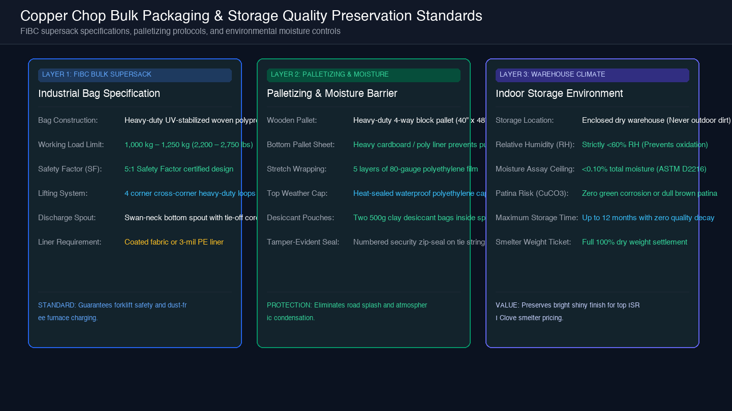 Card diagram showing 3-layer packaging and storage architecture: FIBC supersack, palletizing moisture barrier, and warehouse climate control