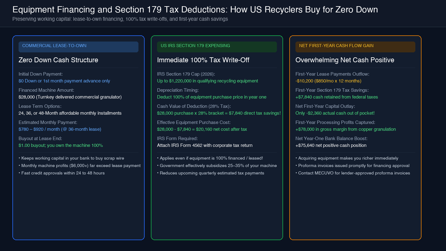 Card diagram illustrating lease-to-own zero down financing, IRS Section 179 tax deduction, and net cash flow gain