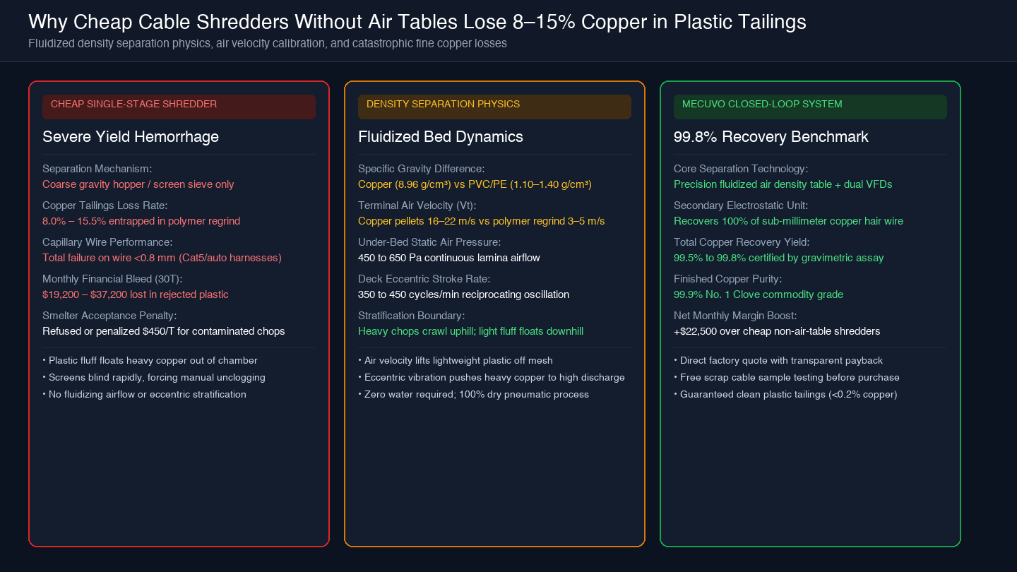 Card diagram showing fluidized density separation physics and why cheap shredders lose 8 to 15 percent copper in tailings