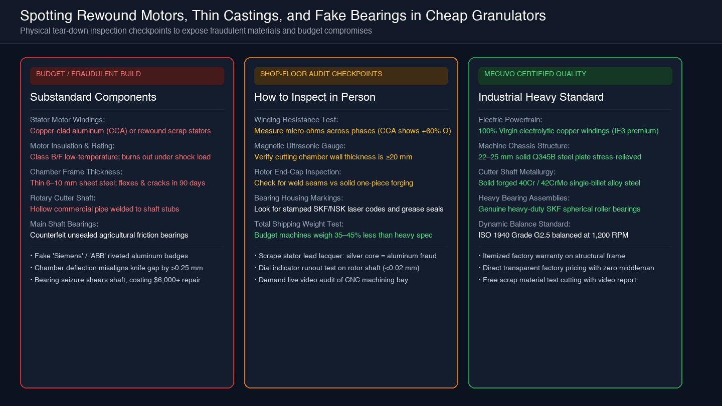 Card diagram showing structural tear-down inspection checkpoints for motors, steel castings, and bearings in cheap granulators