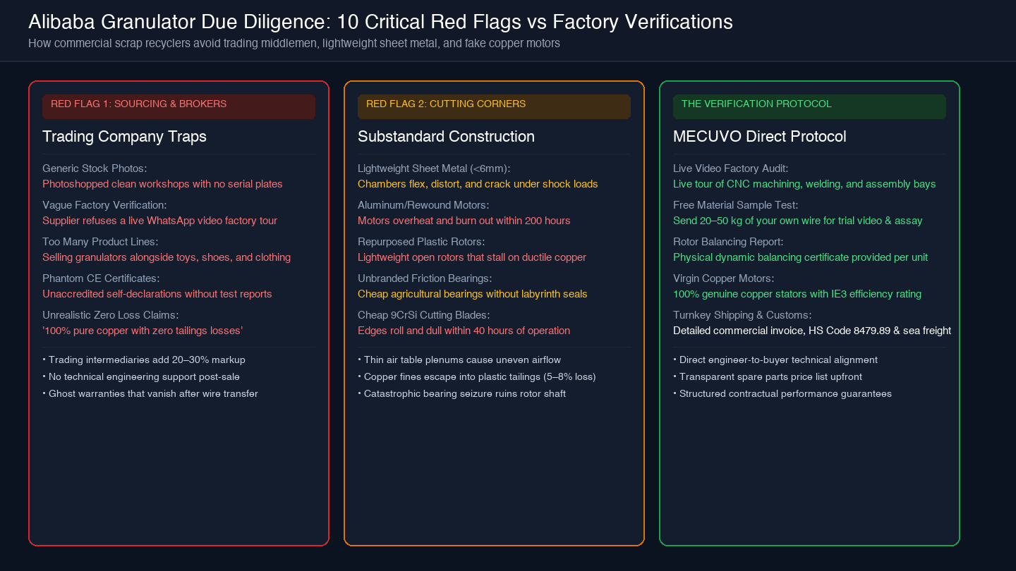 Card diagram outlining the 10 critical red flags when buying a granulator on Alibaba versus factory verification protocols