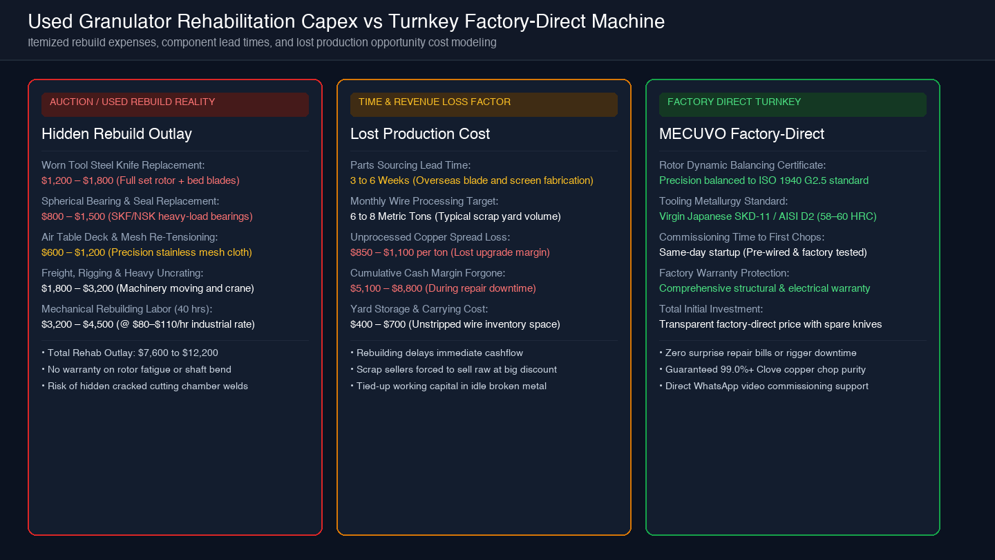 Card diagram comparing used granulator rehabilitation capex against turnkey factory-direct machines