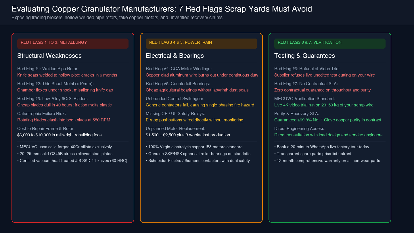 Card diagram showing 7 critical red flags when evaluating granulator suppliers across metallurgy, powertrain, and testing